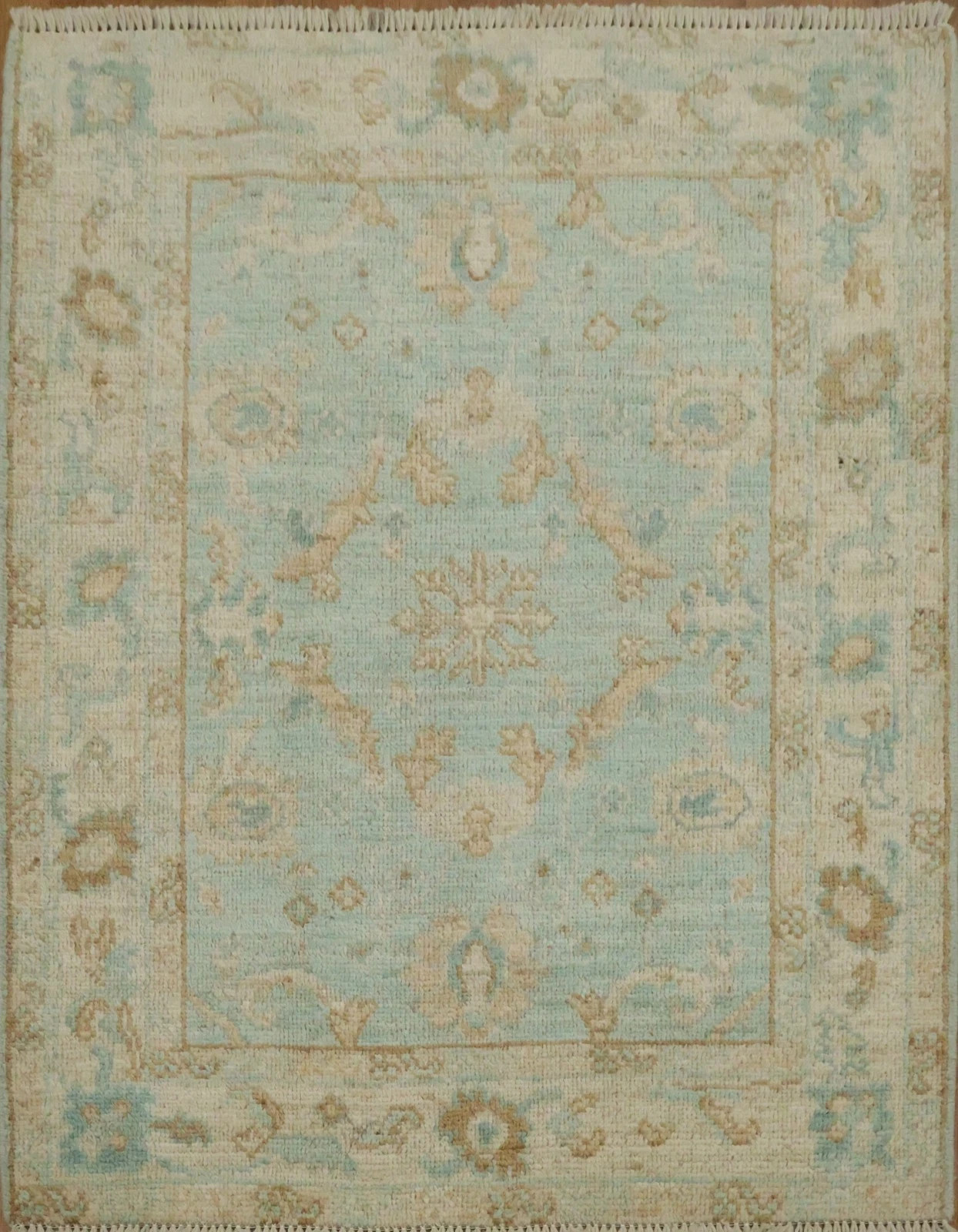 Hand Knotted Oushak Rug Wool Area Rug Sky Blue Cream Traditional Turkish Carpet