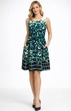 Adrianna Papell Dress 8 Ivory Green Blue A Line Pockets Stretch Sleeveless