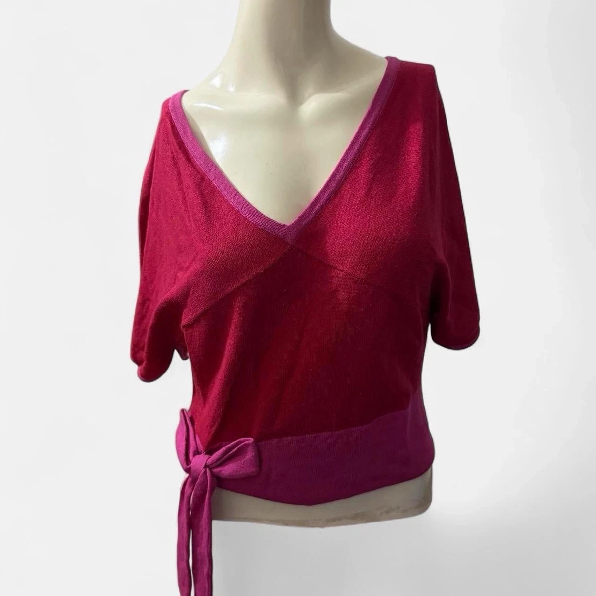 Women’s M Pink Purple Solid V-Neck Wrap Short Sleeve Tie Closure Blouse