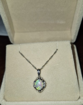 #ad #ad GORGEOUS NATURAL .77ct OPAL amp; DIAMOND 900 PLATINUM NECKLACE W GIFT BOX $1800 $399.00