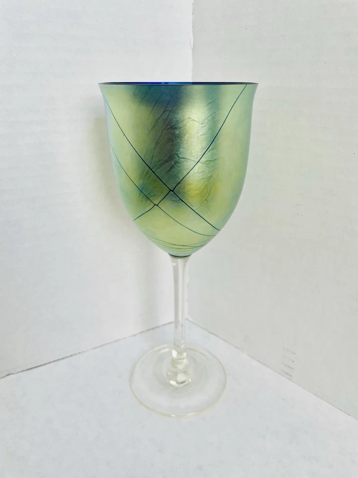 Steven Maslach-Iridescent Wine Glass Handmade Art Glass Signed 1981 - Image 2 of 4