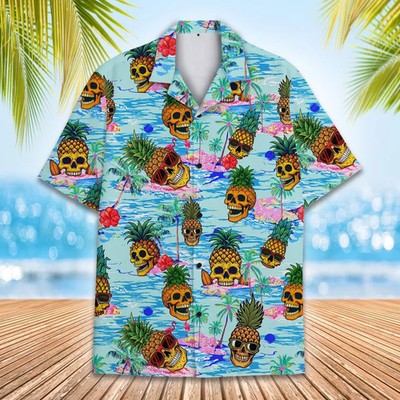 Pineapple Skull Hawaiian Shirt Tropical Mens Beach Aloha Vacation Top