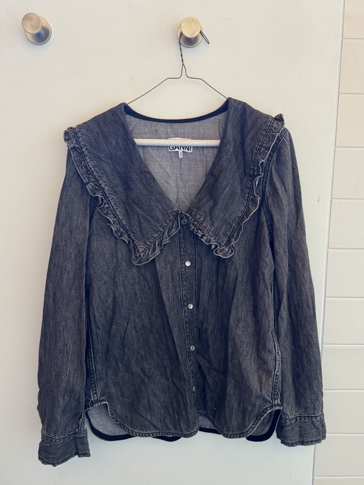 Ganni Top Womens Denim Ruffle Collar Pearl Snaps Country Boho Black 90's Sz 36/M