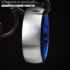 6/8mm Tungsten Ring Blue w/ Silver Brushed Domed Men's Jewelry Wedding Band
