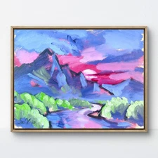 Original Oil Painting 12x16 Canvas Sunset River Valley Neo Expressionist