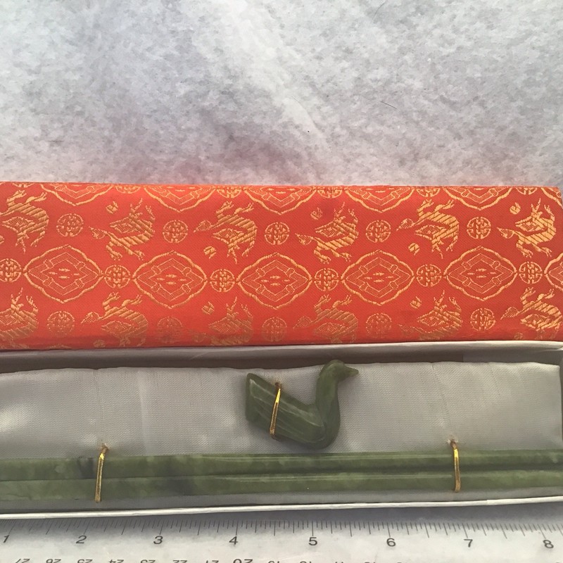 Chop Stick Set, With Stick Rest, Nephrite Spinach Jade, Original Box
