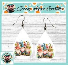 Earrings Teardrop Silver Hook Backs Gnomes Gnome Trio Flowers Sublimated MDF