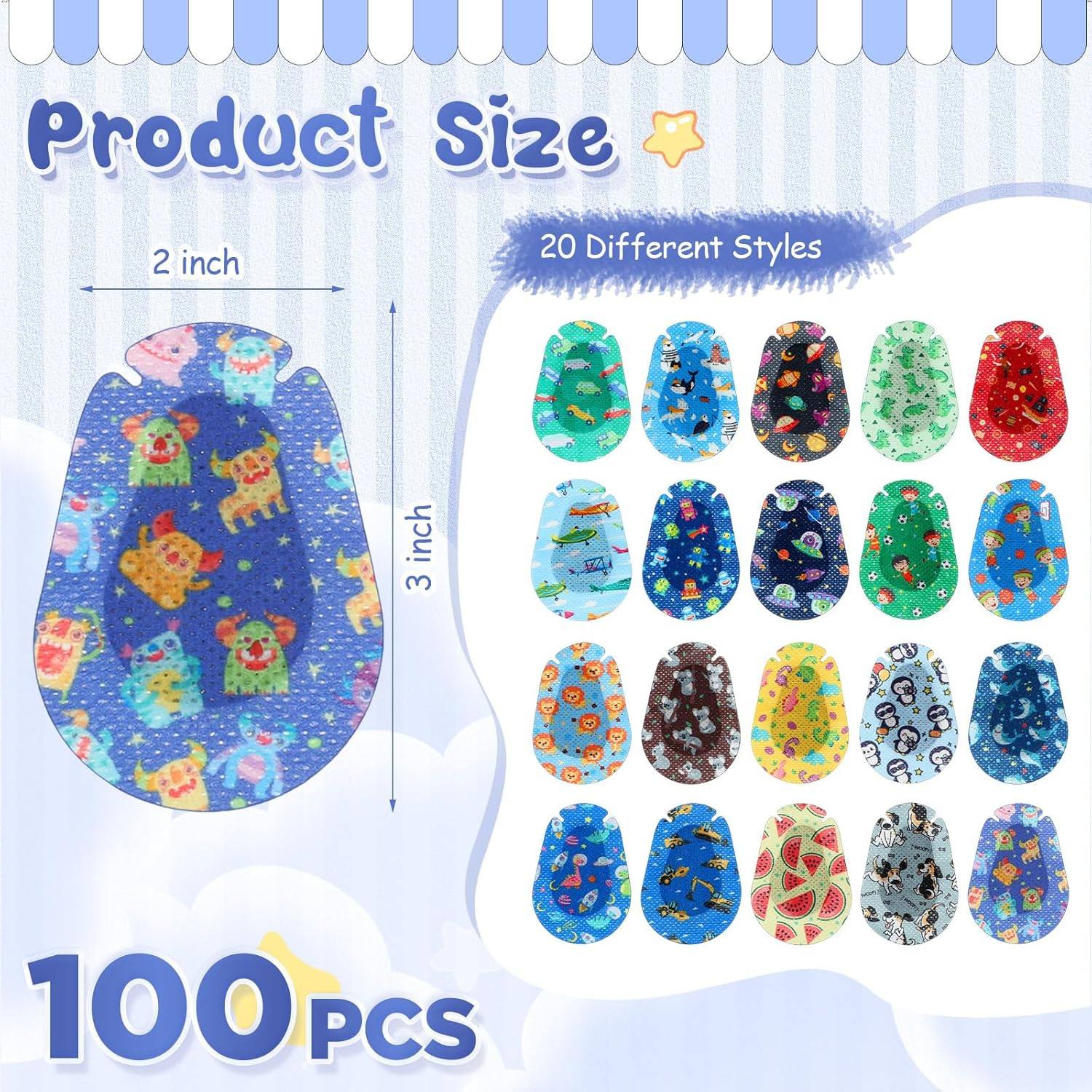 100 Pcs Adhesive Eye Patches for Kids Boys 20 Styles Breathable Boy Eye Patch...