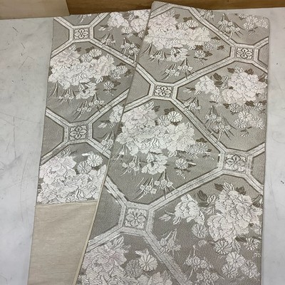 Japanese Vintage Obi Belt Floral Kikko Pattern Kimono Fabric Gold Silver