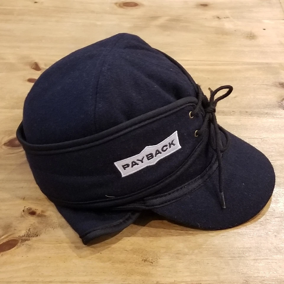 Payback Railroad Tie Hat Size 57.5 7 1/8 M Blue Winter Ear Flaps Wool Jim Bryan - Image 4 of 4