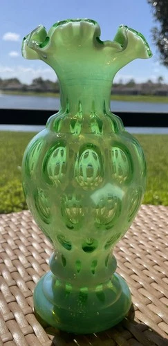Vintage Fenton Green Opalescent Coin Dot 8.5 Inch Vase. No Damage.