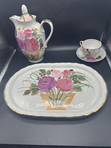 Juego de porcelana pintada a mano vintage Dulevo Rusia rosas tetera taza platillo bandeja - Imagen 13 de 16