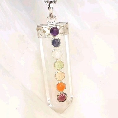 Clear Quartz Necklace 7 Chakra Flat Natural Gemstone Pendant Chain Healing Stone