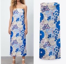 Zara Blue Floral Strapless Midi Dress, Size M