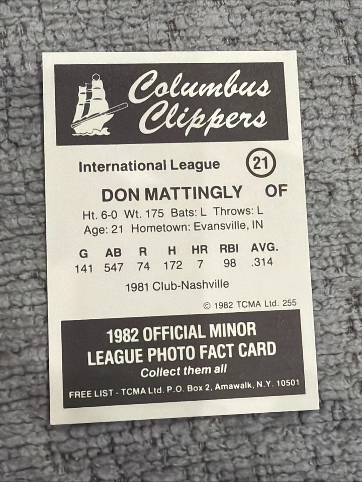 Tarjeta de béisbol de ligas menores Don Mattingly 1982 Columbus Clippers TCMA Yankees  Foto 2 de 2