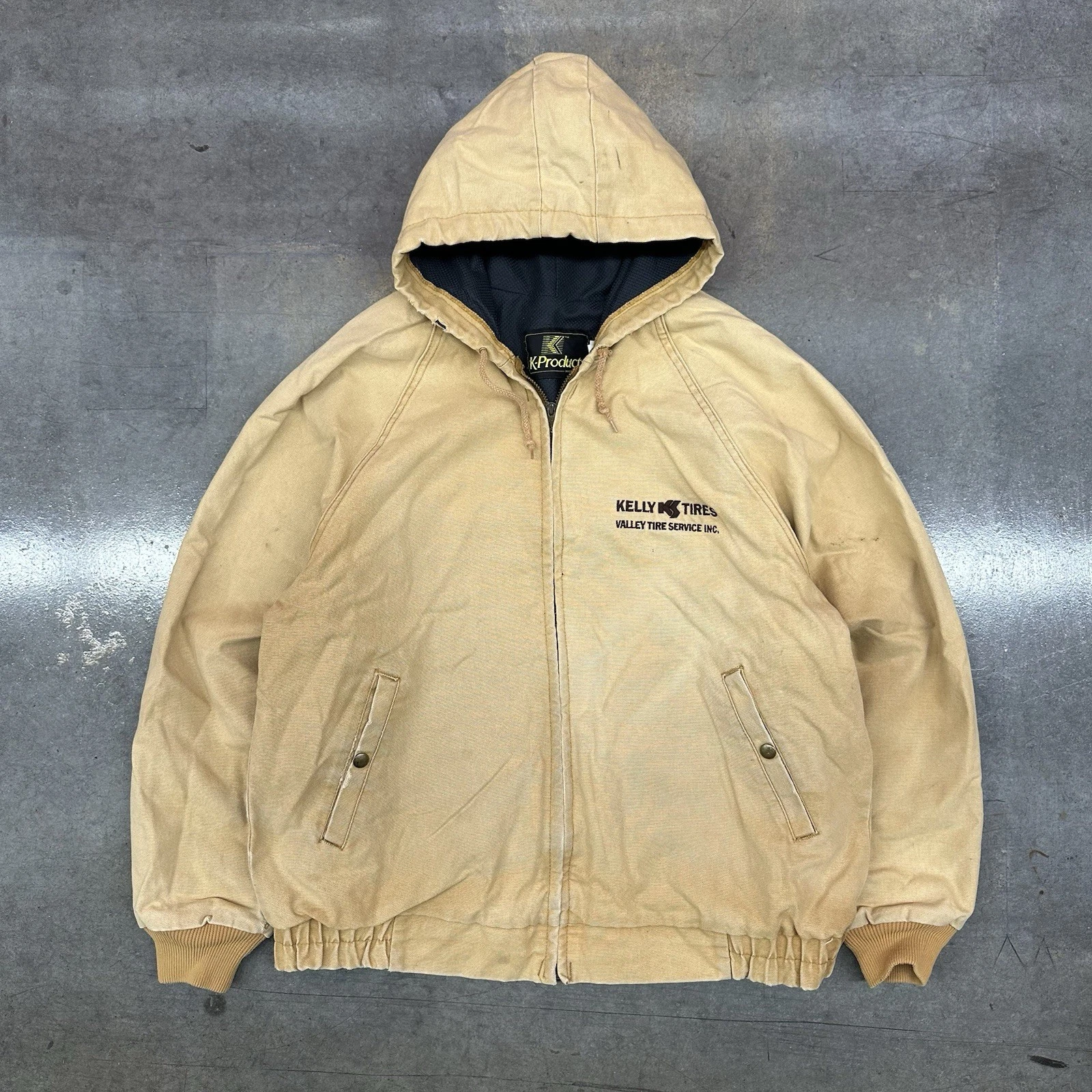 Vintage K Products Hooded Insulated Jacket Mens XL Brown Canvas Grunge Talon Zip