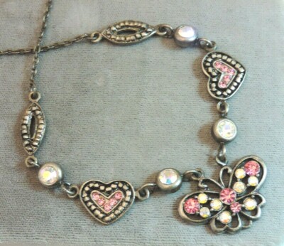 Butterfly Heart Pink Sparkling Rhinestone Silver tone Chain