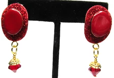 LUNCH AT THE RITZ Red Cowgirl Drops Hat 14k Gold Post Enamel Crystal Earrings