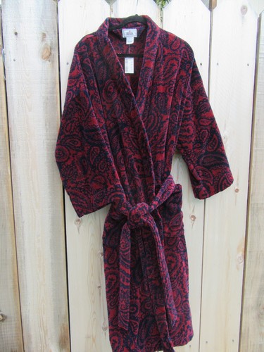 Brand New Bill Blass Red Paisley Heavy Terry Men's Bathrobe One Size Vintage - Picture 2 of 8