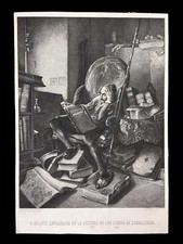 DON QUIXOTE ENGRAVING READING CAVALRY BOOKS. SPAIN. 19th century