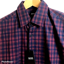 BOSS Hugo Boss Shirt #10597 Mens Small Dark Red Plaid Regular Fit $138 NEW