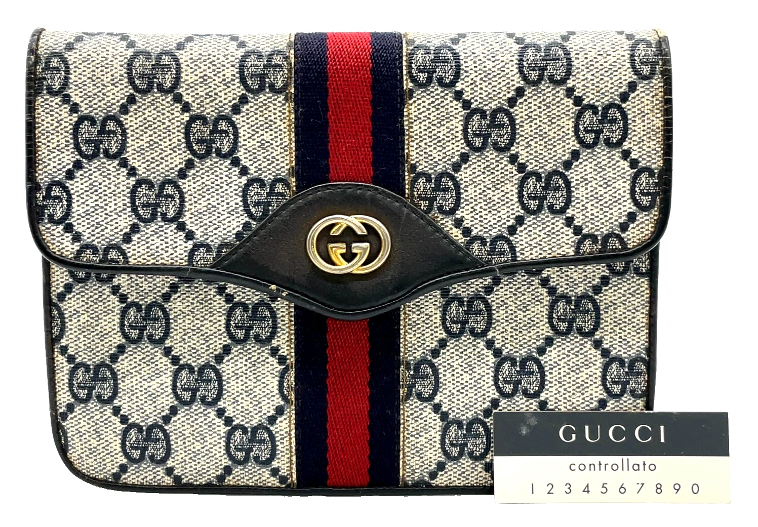 Authentique pochette Gucci GG Supreme Sherry Line PVC cuir marine NS041431