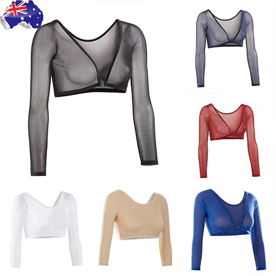 Women's Mesh See Through Crop Tops Sheer Seamless Arm Shaper Shirt Blouse Shrugs