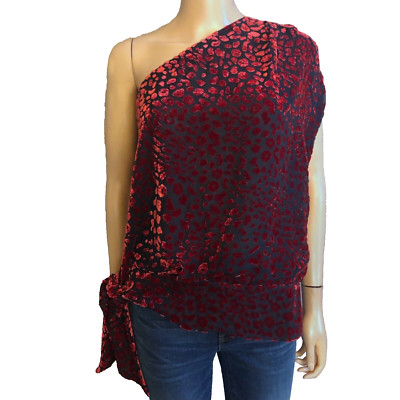 IRO Velvet Burnout Blouse 36 FR Small Leopard One Shoulder Whimsigoth Luxury Red