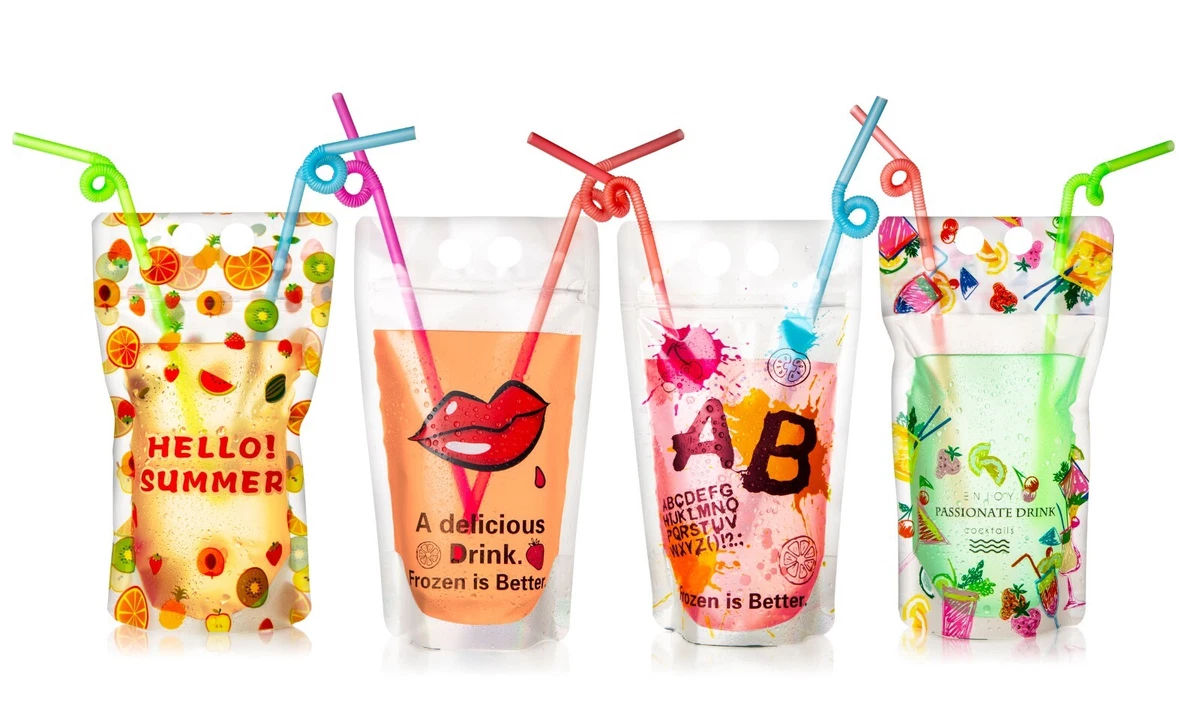 20 Pieces Drink Pouches Bags with Straws Zipper Plastic Beverage Bags