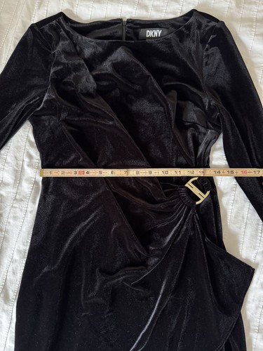 DKNY Velvet Dress Boatneck Black Long Sleeve Gathered Embellished NWT Size 8 - Picture 13 of 16