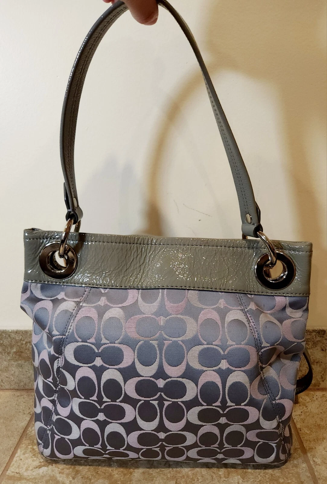 Coach Borsa a tracolla vintage grigia monogramma tela pelle manico superiore