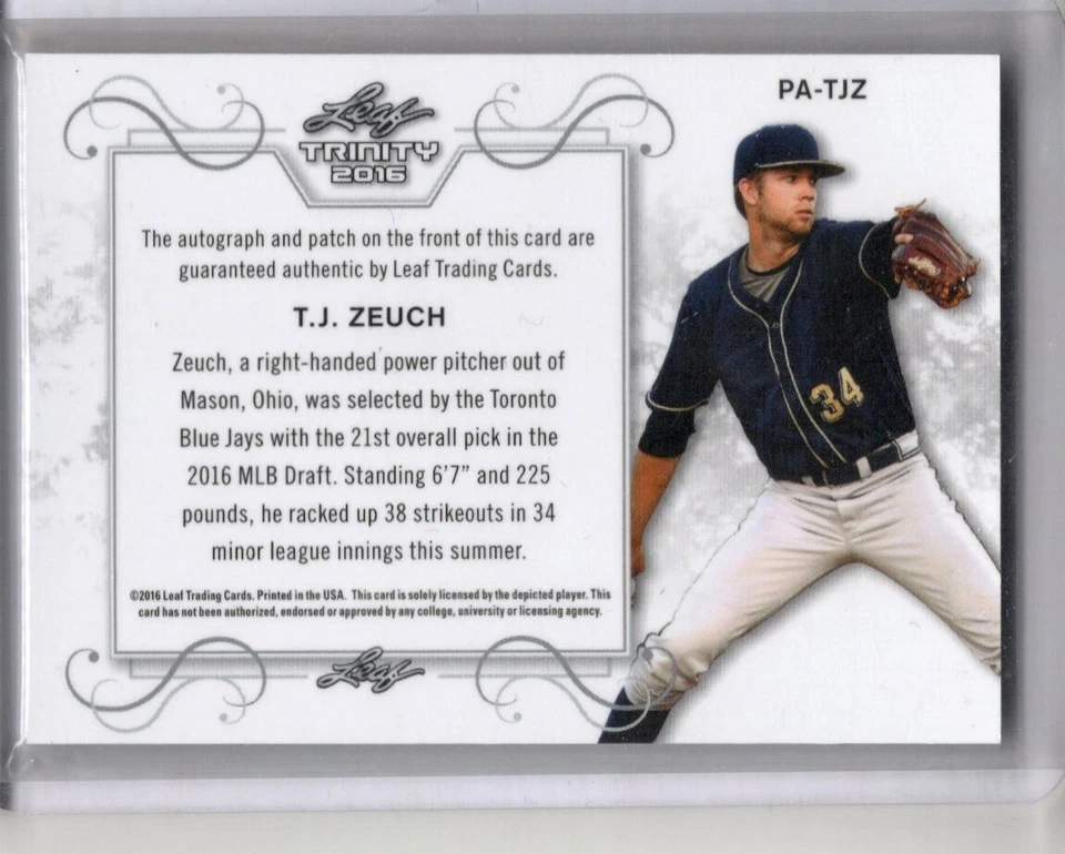 2016 Leaf Trinity Patch Auto 4/10 T.J. Zeuch #PA-TJZ Patch Toronto Blue Jays - Image 2 of 2