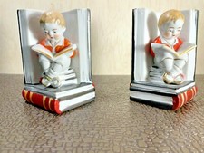 Bookends Pair Porcelain Victorian Style Boy Children Book Theme, 1950's 