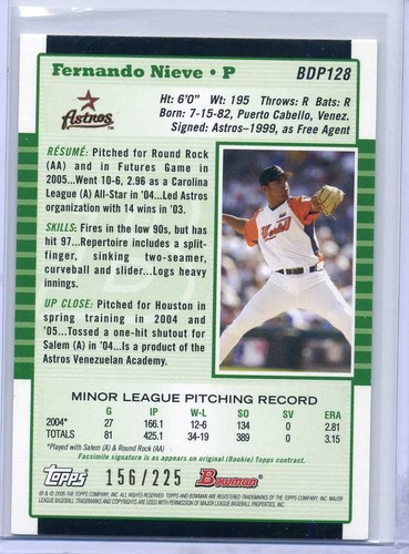 FERNANDO NIEVE 2005 Bowman Draft WHITE BORDER #156/225 - ASTROS - 第 2/2 張圖片