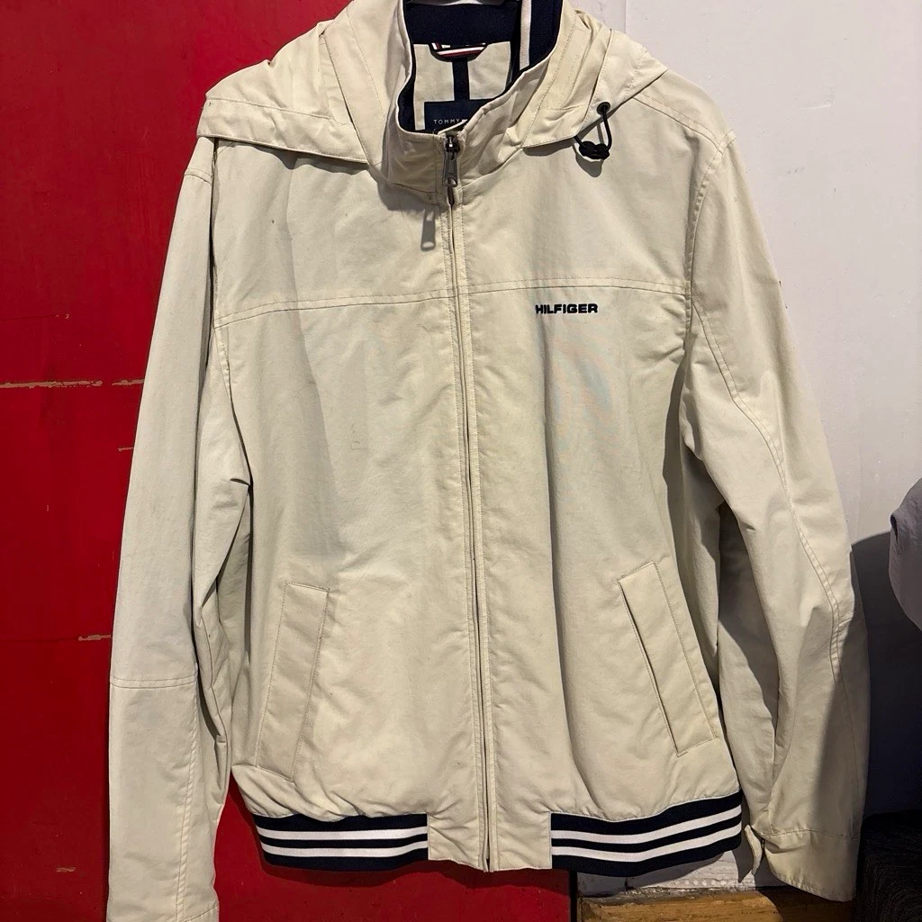 Tommy Hilfiger Men's Beige Hooded Zip Nylon Jacket Logo Accents Size L - product detail image 1
