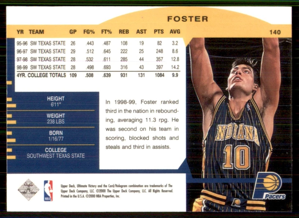 1999-00 Ultimate Victory #140 Jeff Foster RC Rookie Indiana Pacers - Image 2 of 2