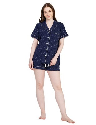 LAPASA Damen Schlafanzug kurz, marineblau gepunktet, S