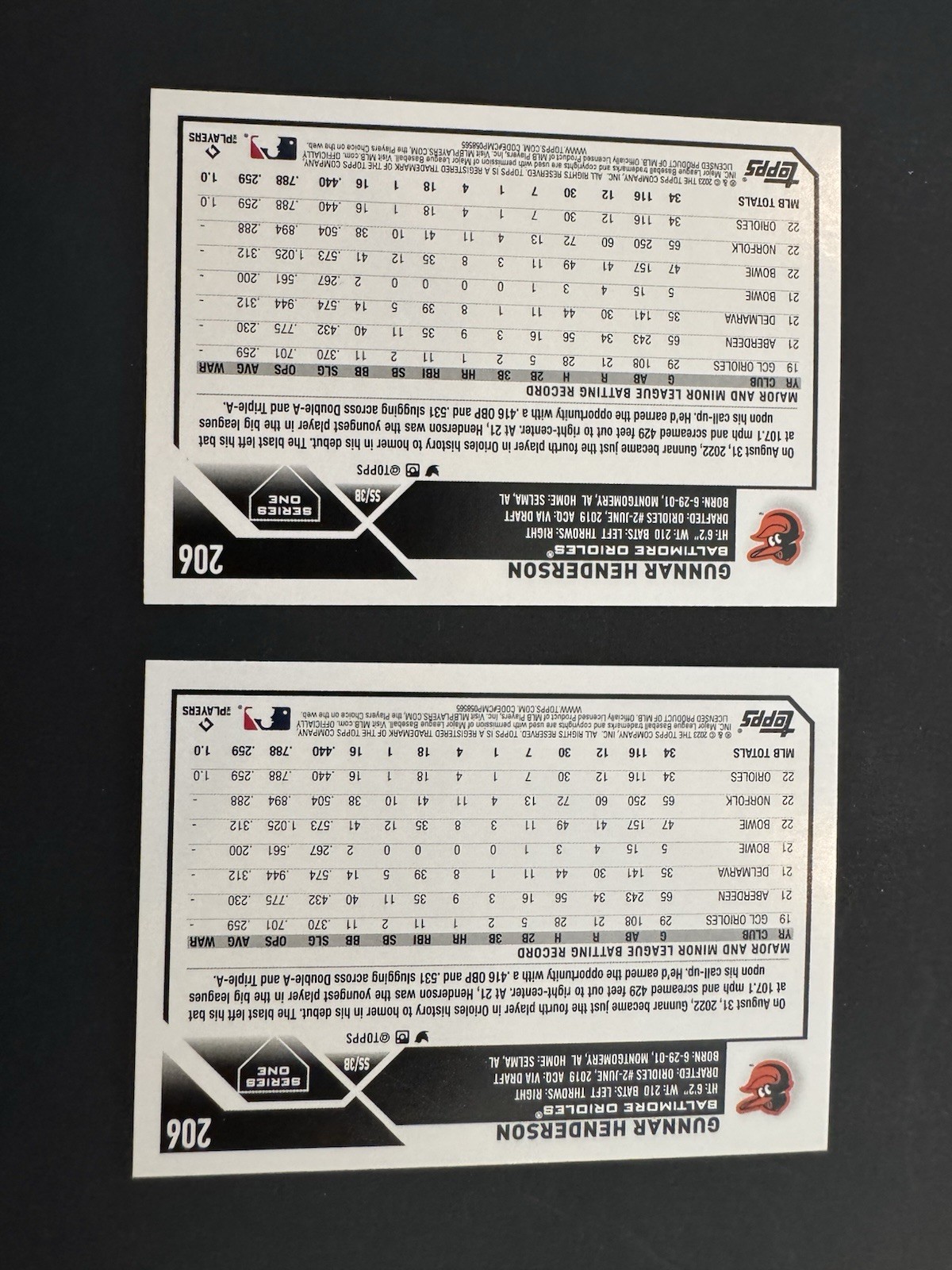 2023 Topps Series 1 Gunnar Henderson #206 (RC) Rookie Baltimore Orioles PSA QTY2 view 4