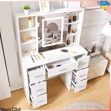White Vanity Makeup Desk Dressing Table W/ LED Lighted Sliding Mirror  7 Drawer