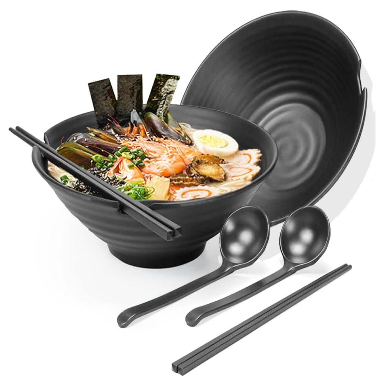 2er Set Nudel Ramen Schüssel Kunststoff 1100ml Essstäbchen Löffel Japanisch Pro