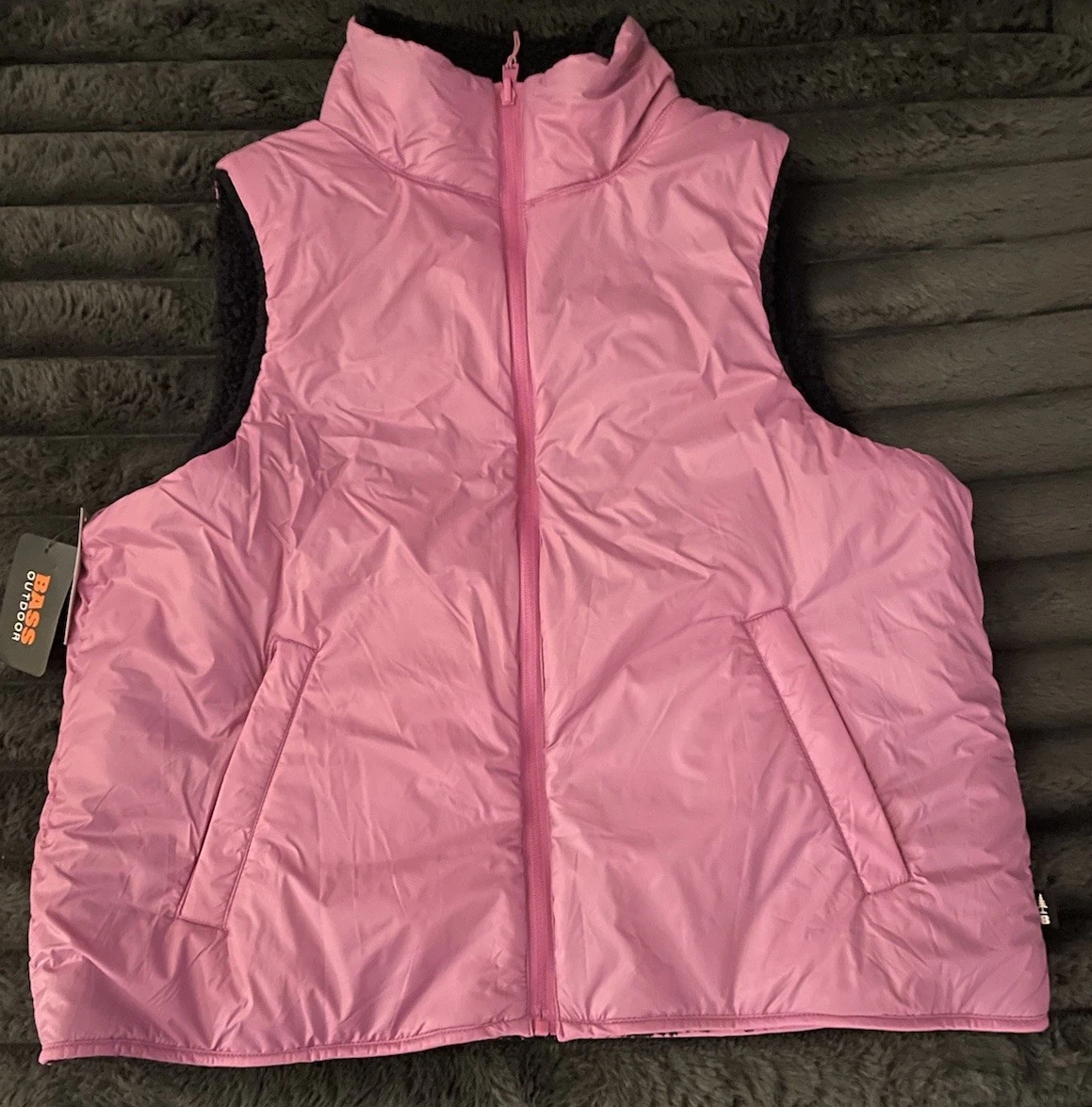 Bass Outdoors Reversible Vest Navy Blue/Pink Sherpa, Women's Size Large NWT