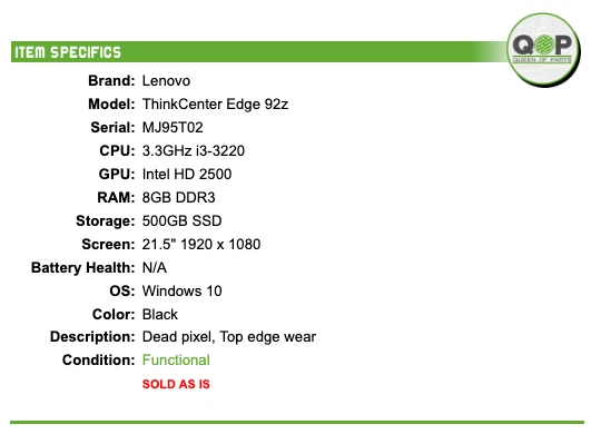 Lenovo ThinkCenter Edge 92z - 21.5" FHD, 3.3GHz i3, 8GB RAM, 500GB HDD, Win 10 - Image 2 of 4