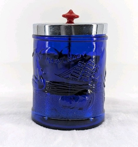 RARE Vintage Cobalt Blue Maryland Glass Cig Holder Jar w/Lid Christmas 1932