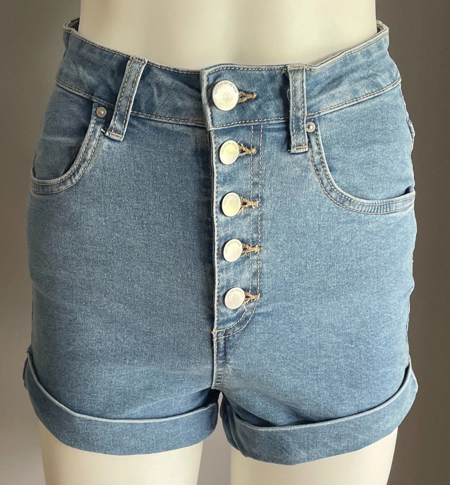 COTTON ON Blue Denim Button Fly High Rise Shorts Size 8 Cuffed Hem Stretch