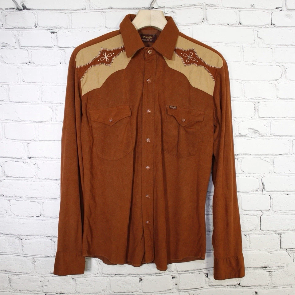 Vintage 70s Wrangler Western Shirt L Pearl Snap Yoke Brown USA Arnel Triacetate - Image 2 of 4