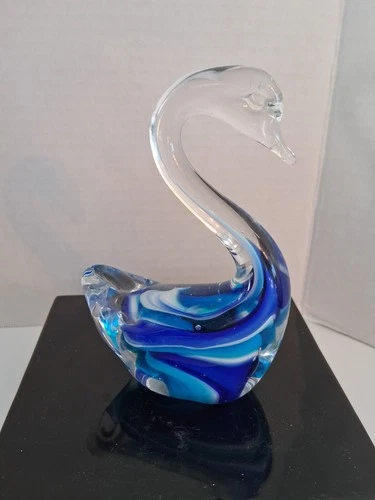 Vintage Murano Art Glass Swan Bird; Sommerso Blue/White Clear Body; Figurine