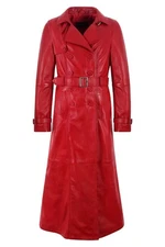 Women's Full Length Red Leather Coat Pure Lambskin Ankle Length Trench Over Coat