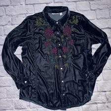 J.JILL Uncommon Threads Dark Blue Floral Embroidery Velvet Blouse PM Medium