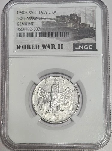 NGC Italy 1940-R 1 Lira WWII Coin Vittorio Emanuele XVIII Historic Facist Issue