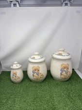 ~ Vintage Tienshan Stoneware Teddy Bear Canisters ~ Set of 3